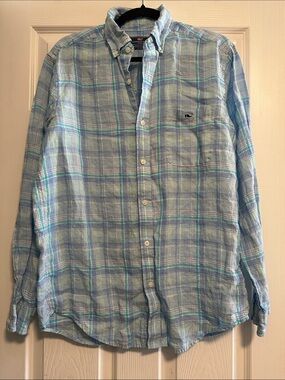 Vineyard Vines Men’s Linen Light Blue Plaid Button-Down Shirt